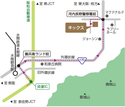 和歌山方面より高速道路を利用した場合の地図です。