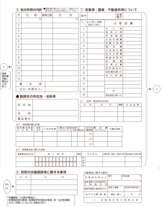 市民税・府民税申告書のウラ面画像