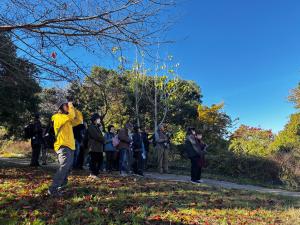 双眼鏡を持ち野鳥を探す参加者の様子