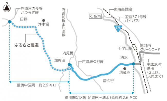 「岩湧地区」の一部を供用開始したふるさと農道の位置図です