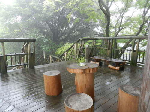雨のデッキの丸テーブル