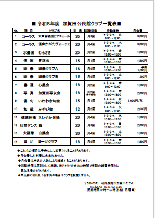 加賀田公民館クラブ一覧